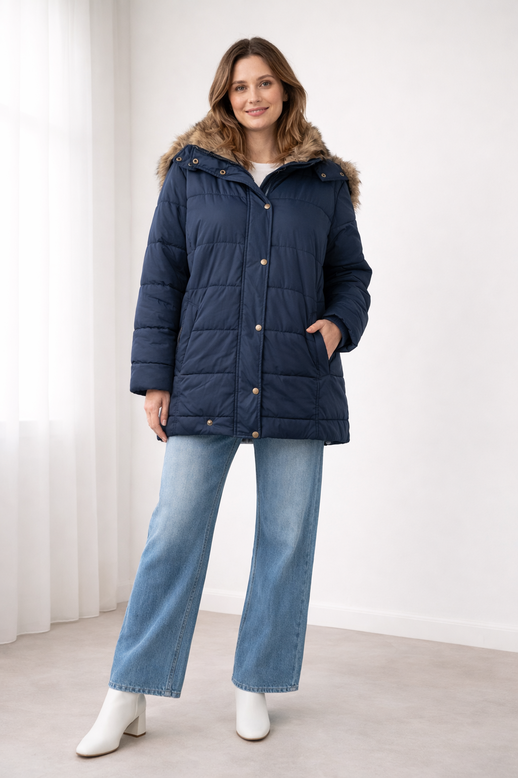 Ilana Faux Fur Hooded Puffer Jacket - Navy