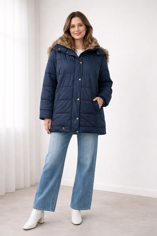 Ilana Faux Fur Hooded Puffer Jacket - Navy