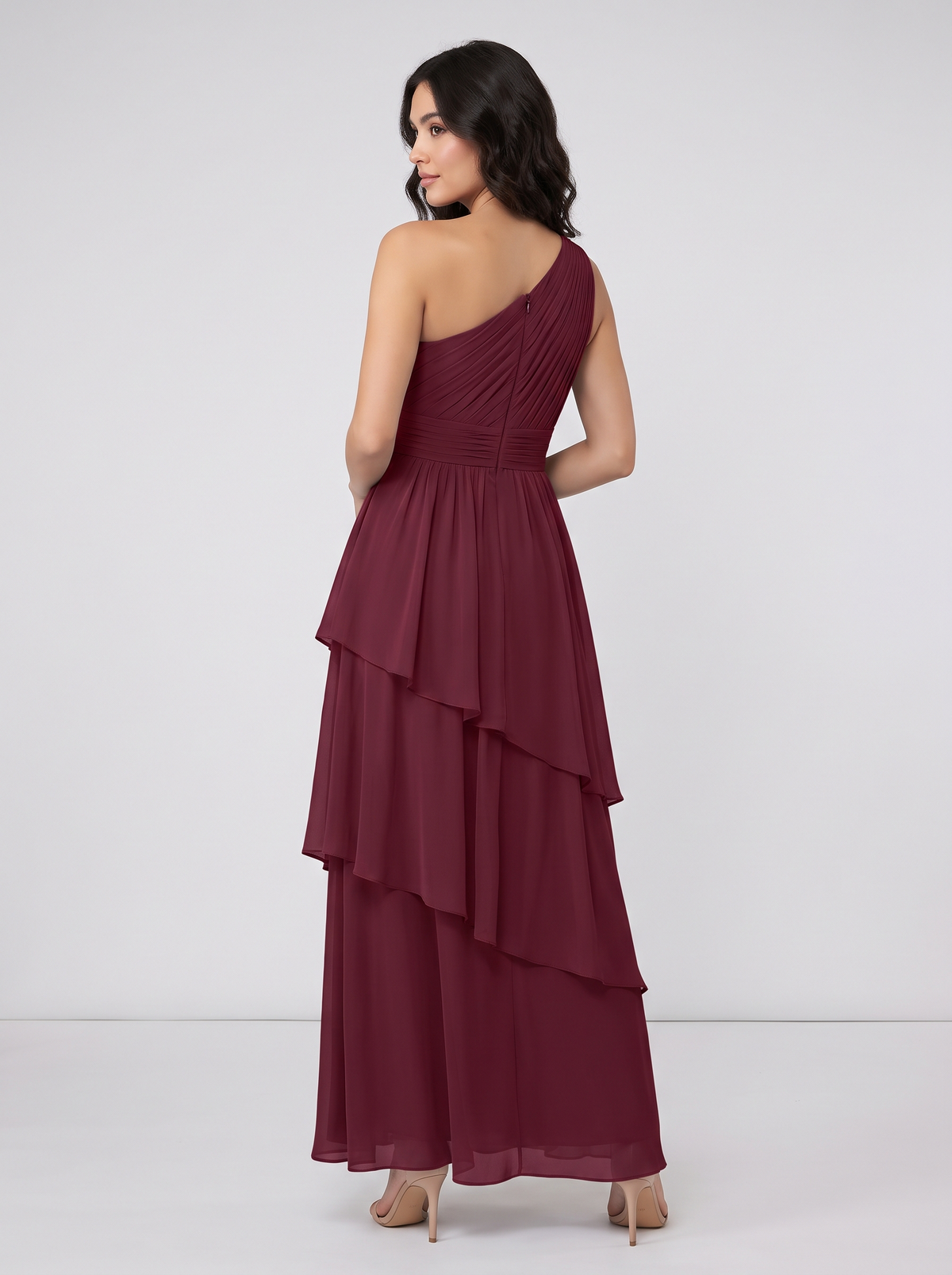Ilene One Shoulder Tiered Maxi Dress - Burgundy