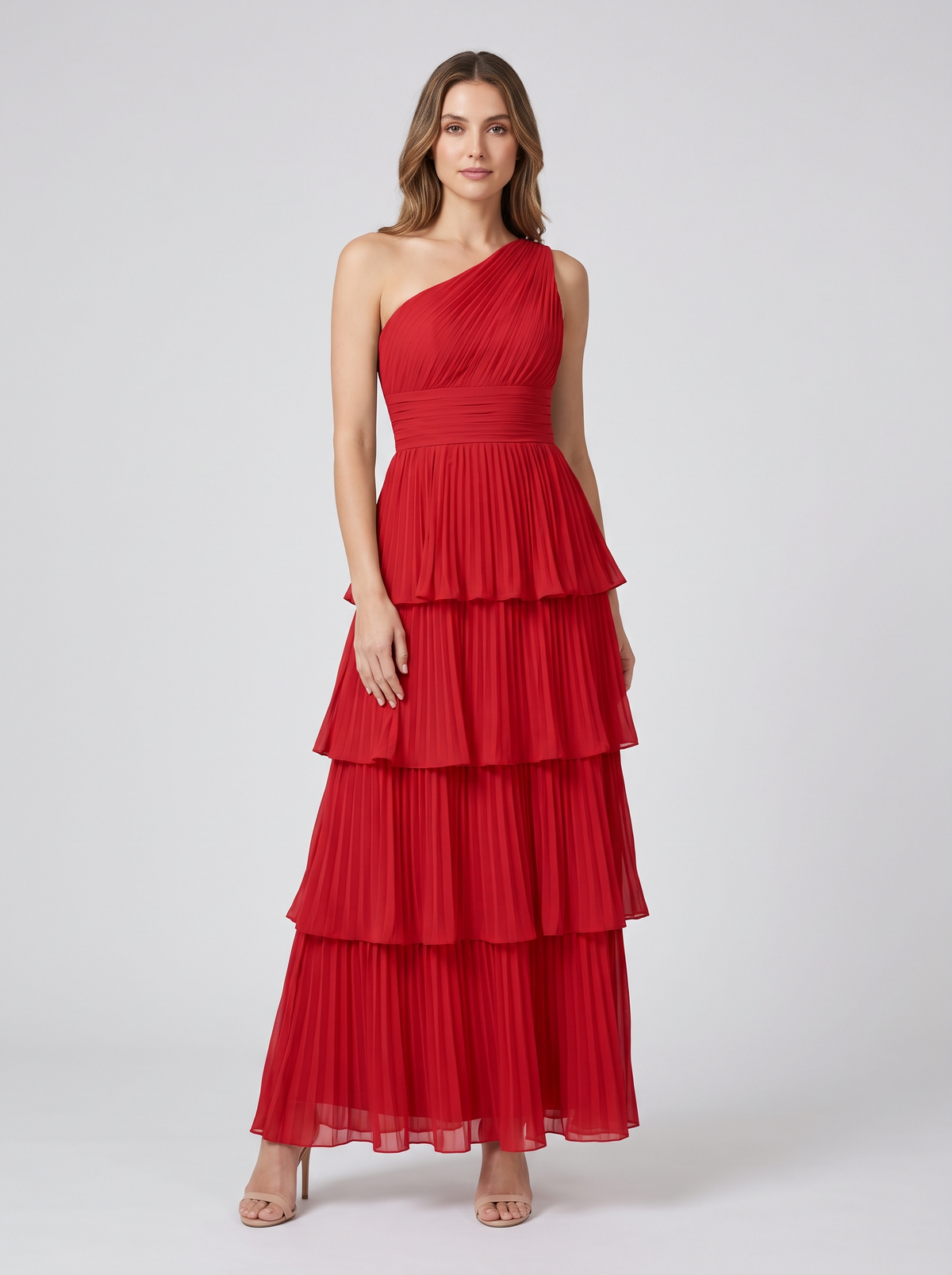 Ilene One Shoulder Tiered Maxi Dress - Red
