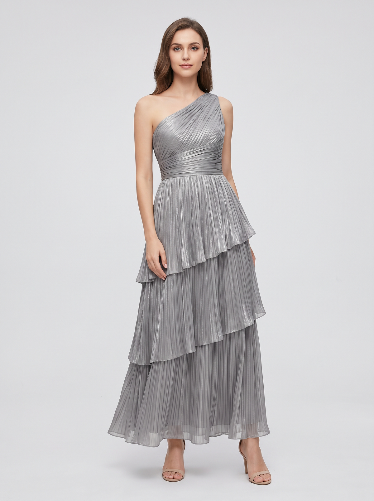 Ilene One Shoulder Tiered Maxi Dress - Silver