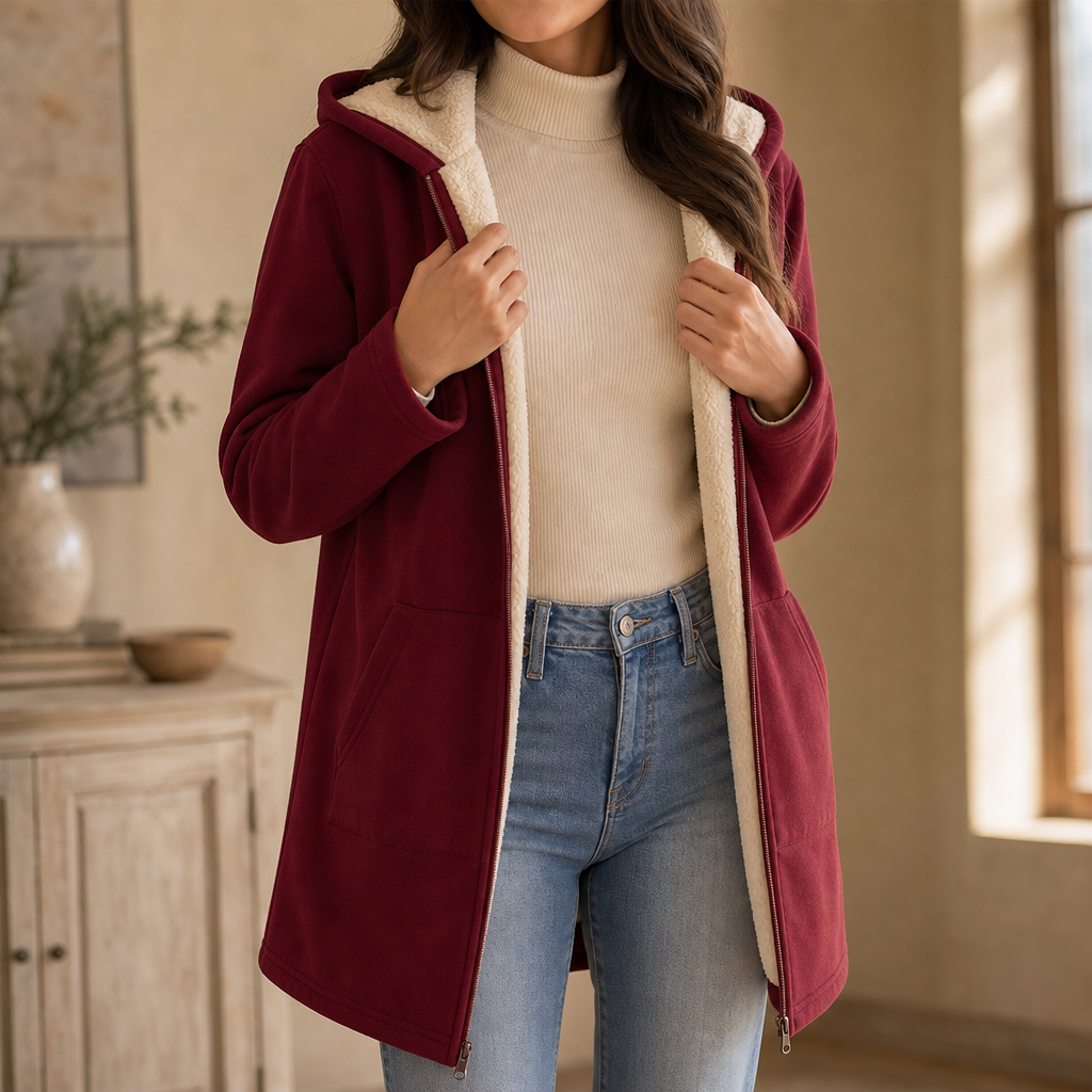 Ilse Faux Fleece-Lined Hooded Jacket - Burgundy
