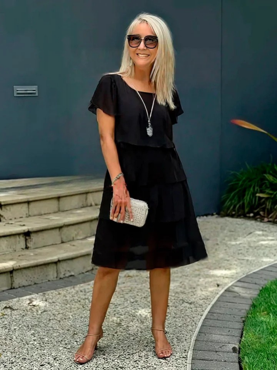 Imogene Tiered Flutter Sleeve Midi Dress - Black