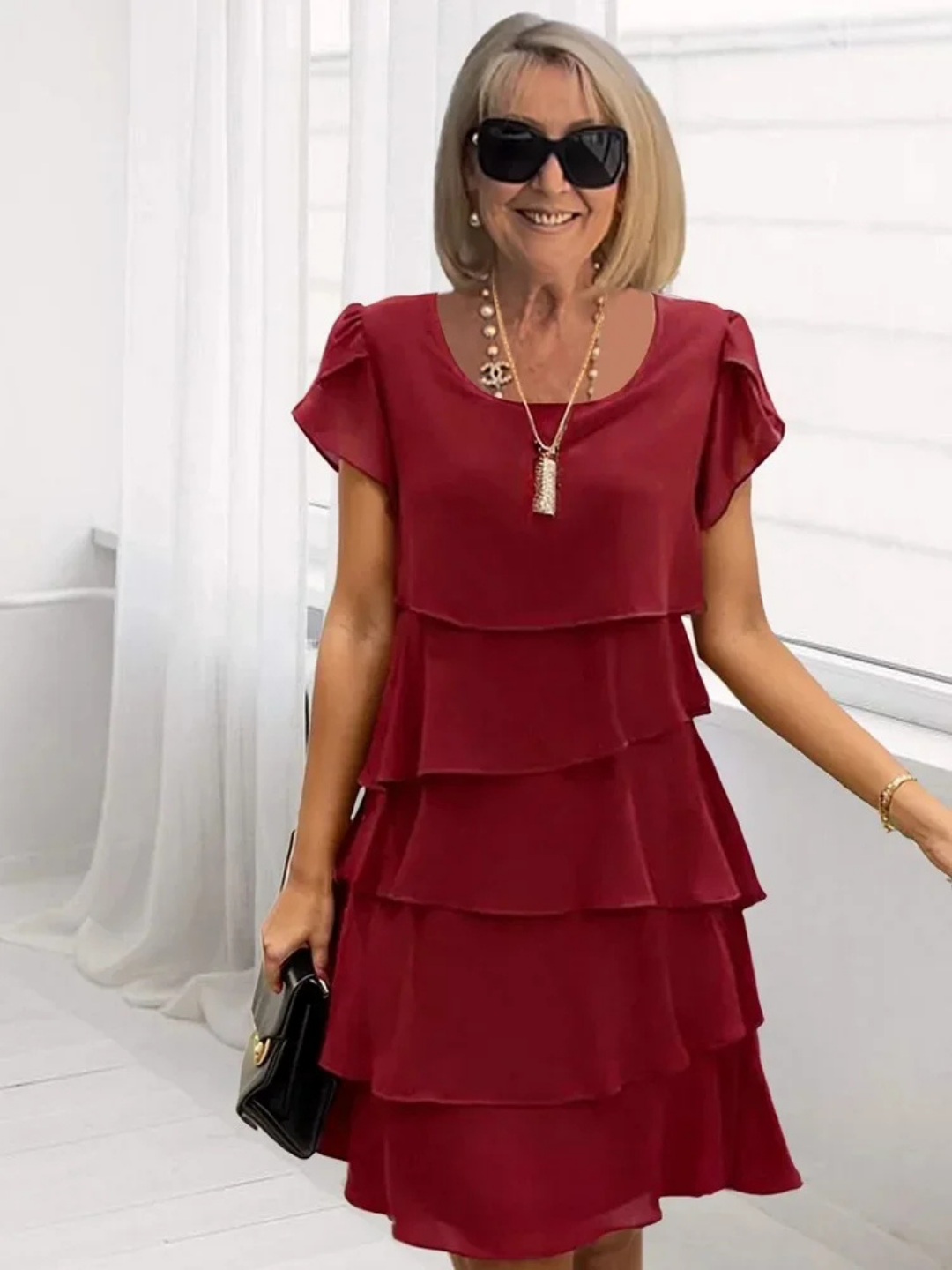 Imogene Tiered Flutter Sleeve Midi Dress - Burgundy