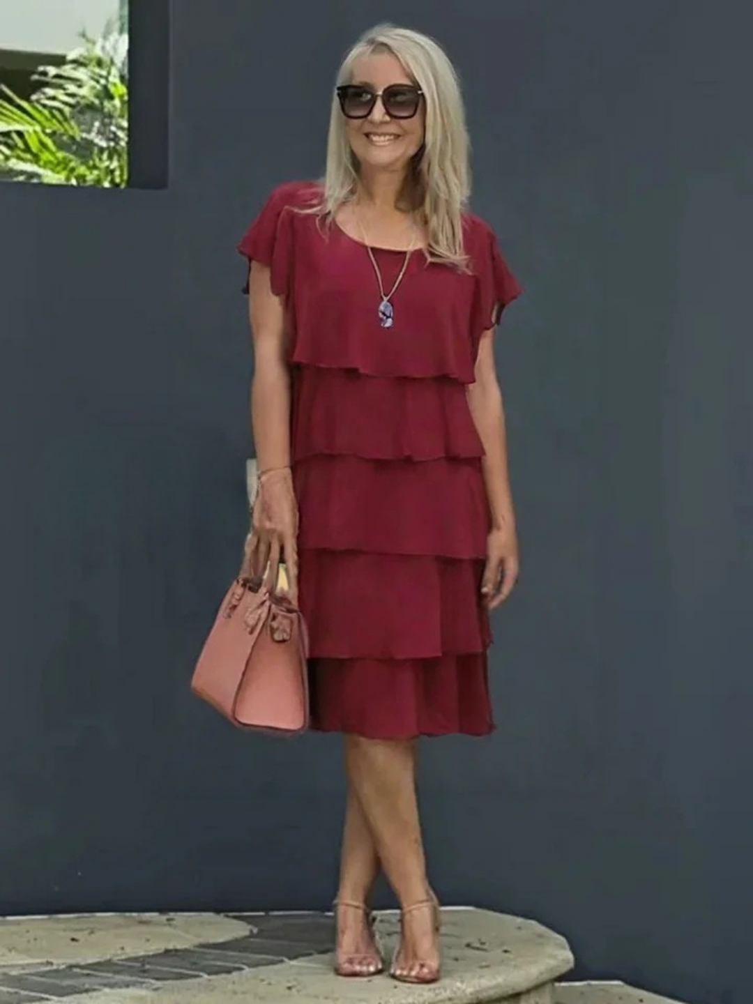 Imogene Tiered Flutter Sleeve Midi Dress - Burgundy