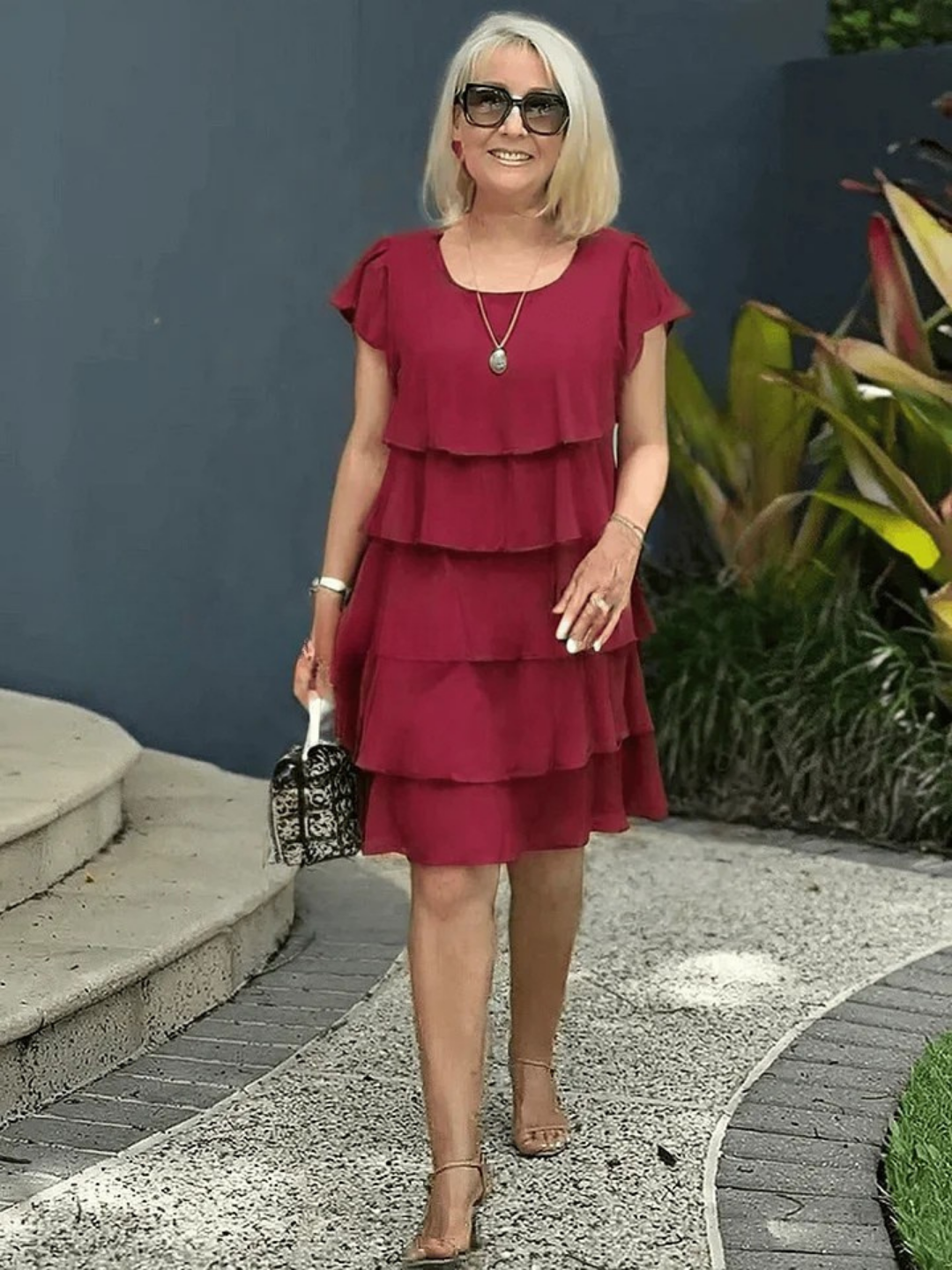 Imogene Tiered Flutter Sleeve Midi Dress - Burgundy