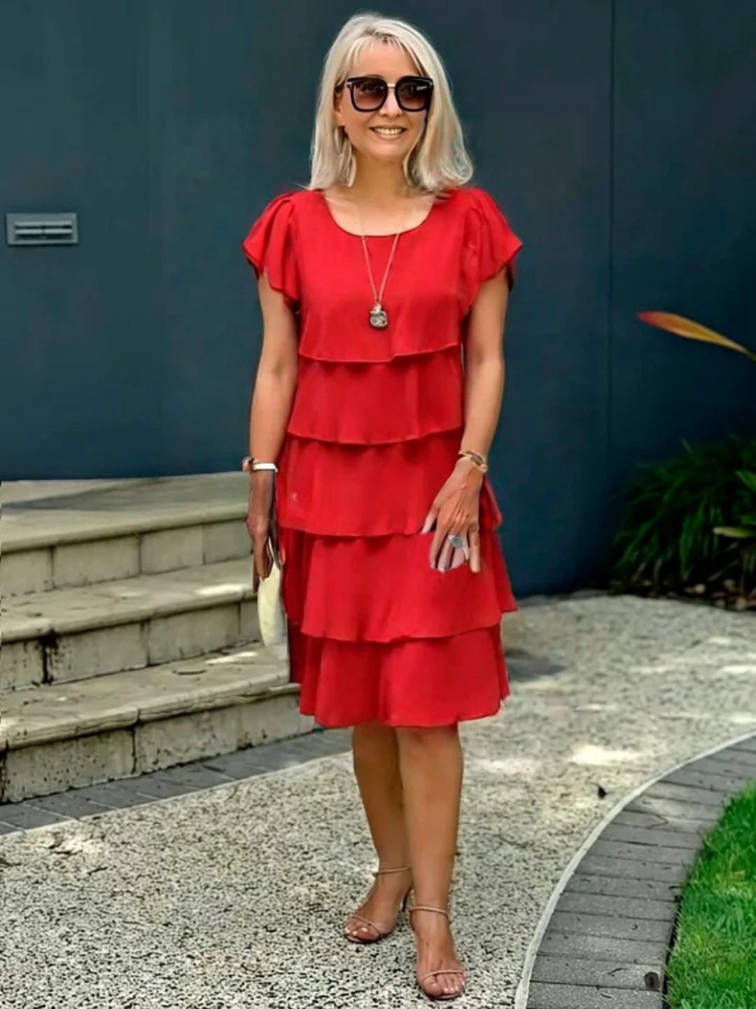 Imogene Tiered Flutter Sleeve Midi Dress - Red