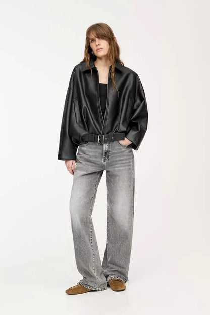 Indigo Leather Bomber Jacket