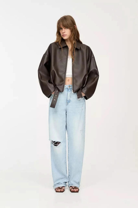 Indigo Leather Bomber Jacket