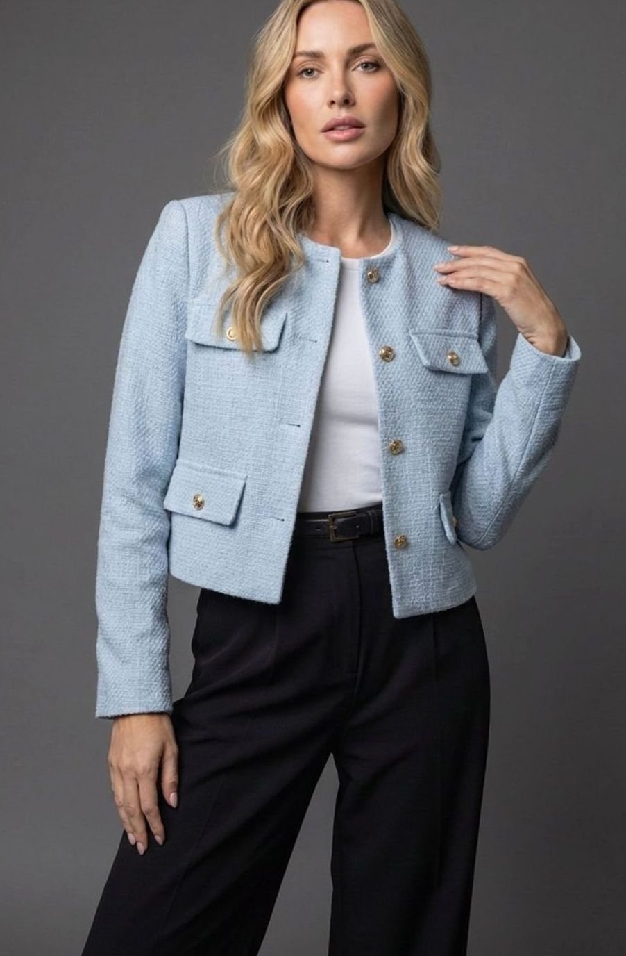 Inessa Cropped Tweed Blazer - Light Blue