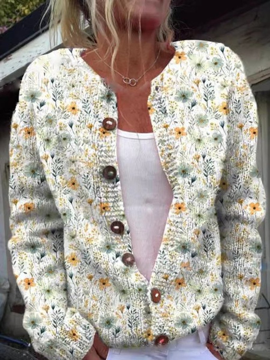 Irelyn Printed Knit Button Cardigan - Cream Floral