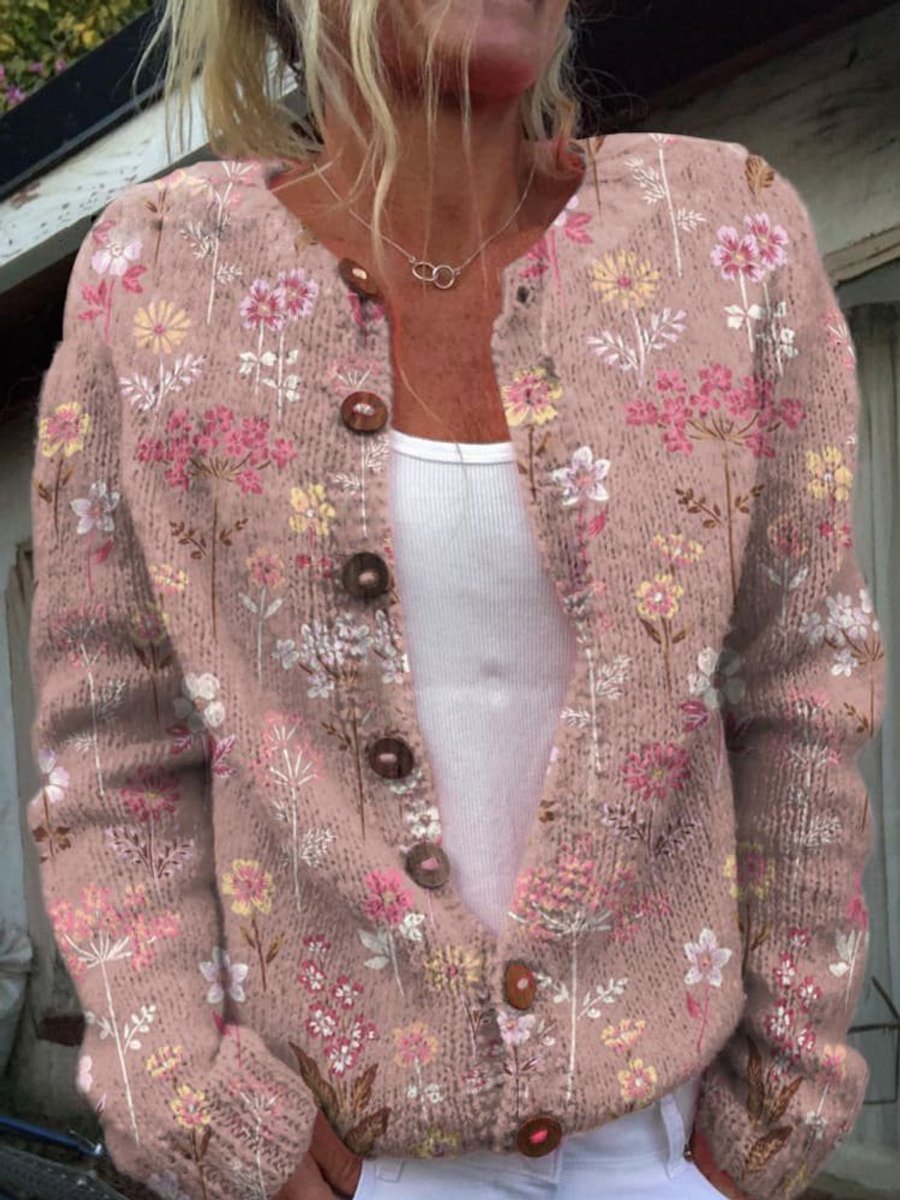 Irelyn Printed Knit Button Cardigan - Dusty Pink Floral