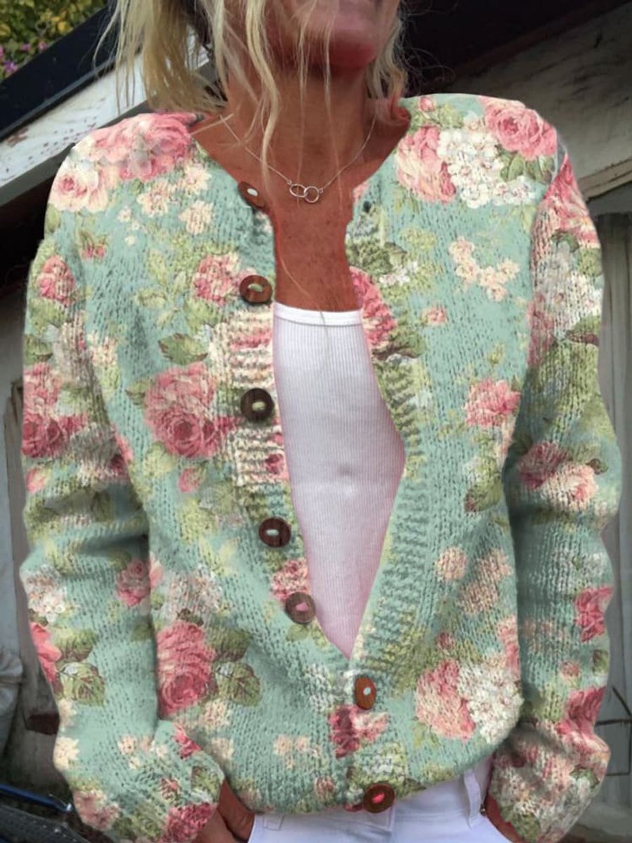 Irelyn Printed Knit Button Cardigan - Mint Rose Floral