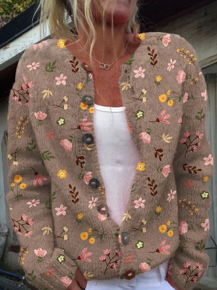 Irelyn Printed Knit Button Cardigan - Taupe Floral