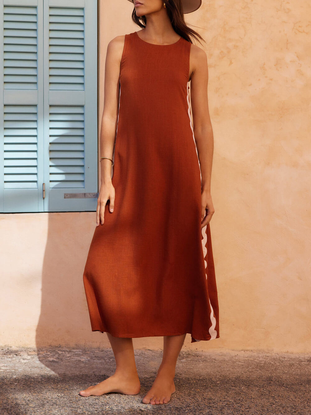 Irena Wavy Trim Sleeveless Midi Dress - Rust Brown