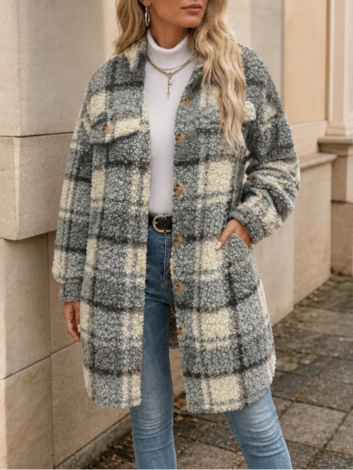 Ismay Plaid Sherpa-Lined Coat - Dark Gray