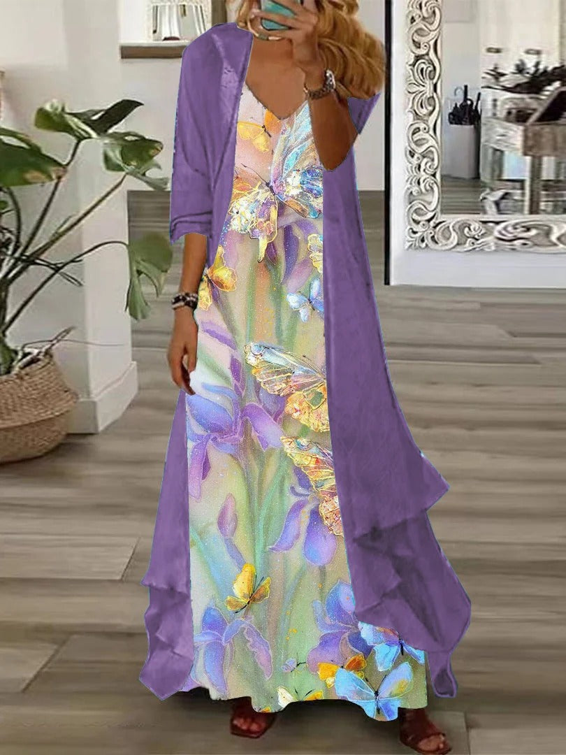 Itzel Floral Cardigan Maxi Dress Set - Purple Floral