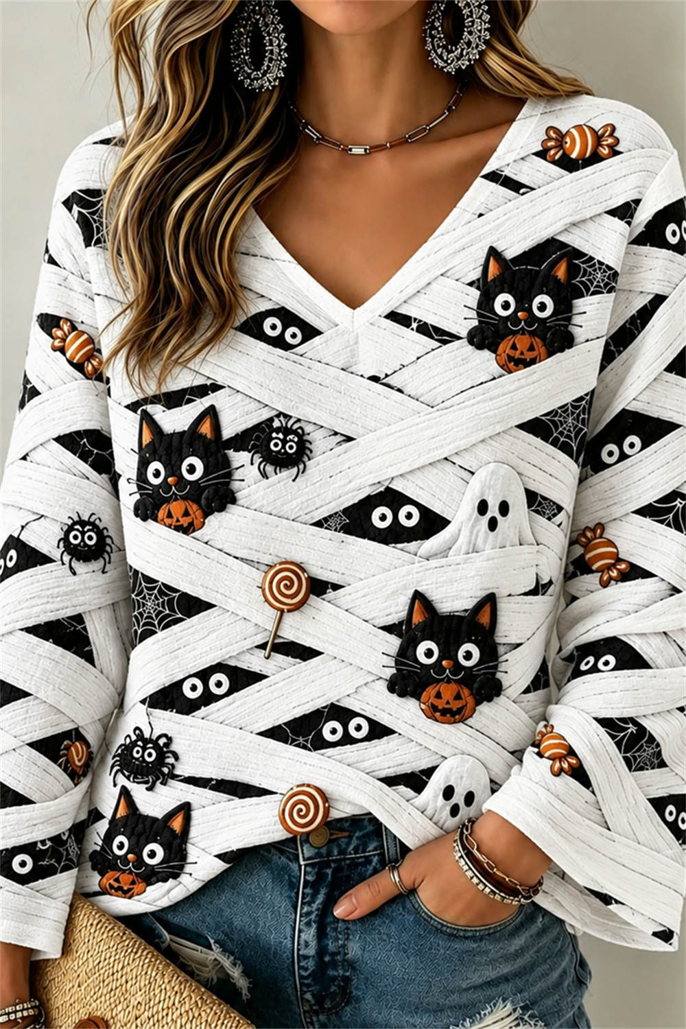 Ivonne Halloween Cat Print V-Neck Top - White