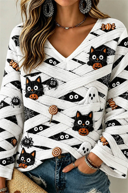 Ivonne Halloween Cat Print V-Neck Top - White