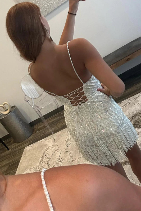 Jaclyn Sequin Fringe Mini Dress - Ivory