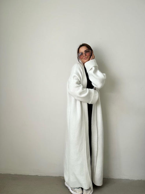 Janine Oversized Longline Cable Knit Cardigan - White