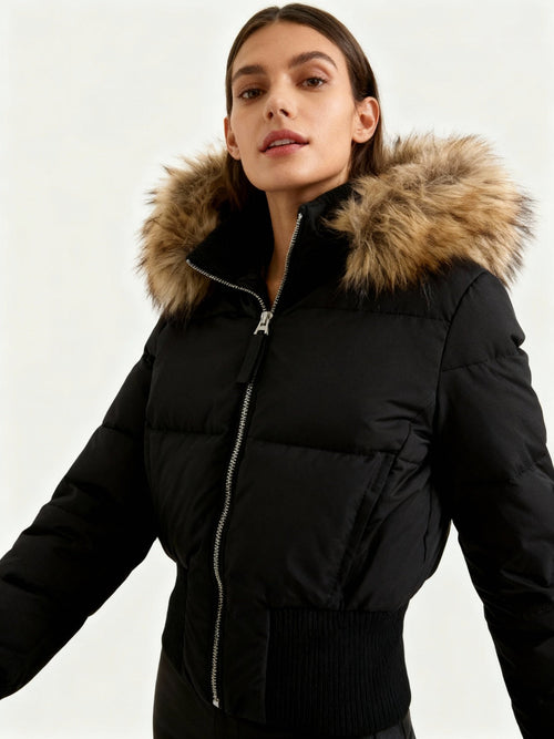 Jaslyn Faux Fur Hooded Puffer Jacket - Black