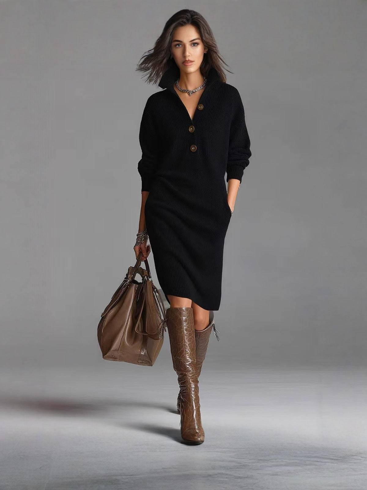 Jezelle Button-Up Knit Midi Dress - Black