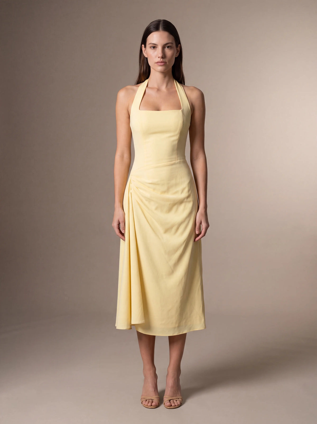 Jolanda Square Neck Halter Midi Dress - Butter Yellow