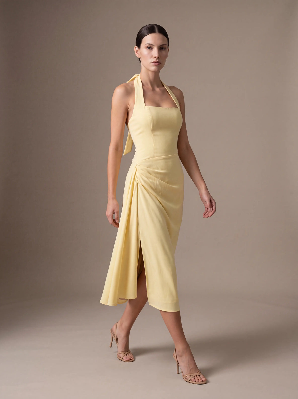 Jolanda Square Neck Halter Midi Dress - Butter Yellow