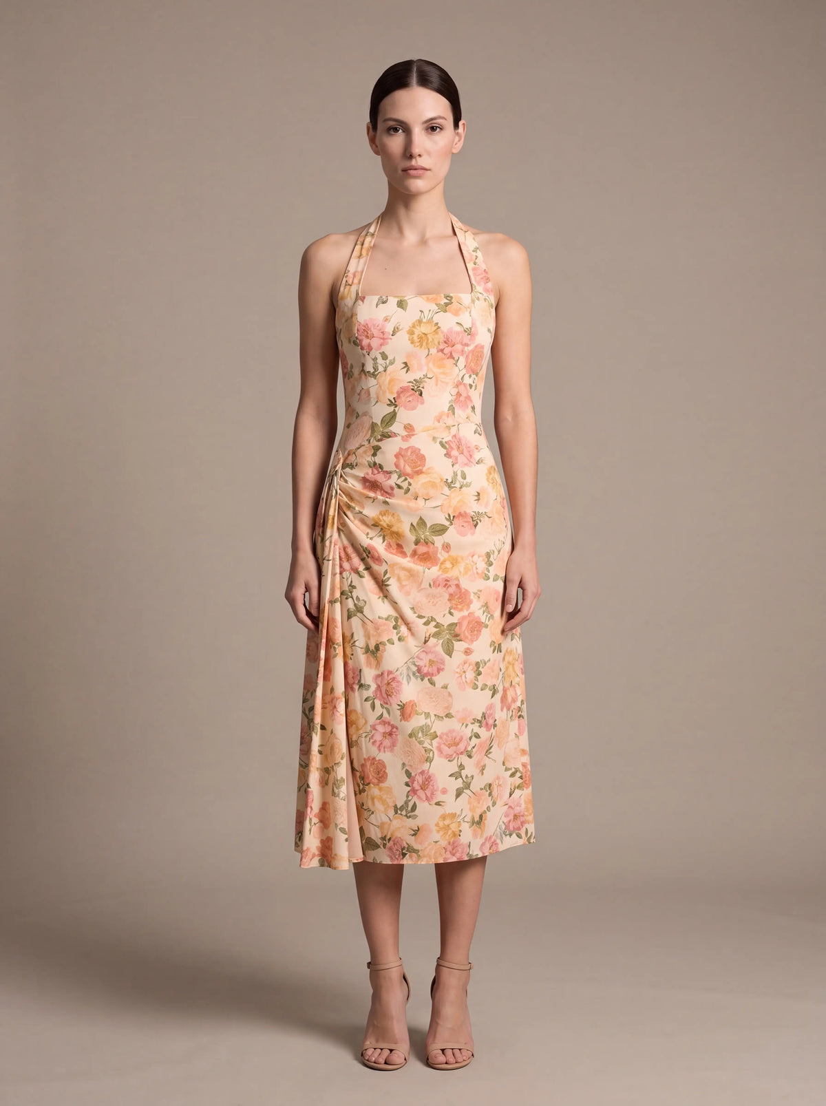 Jolanda Square Neck Halter Midi Dress - Peach Floral