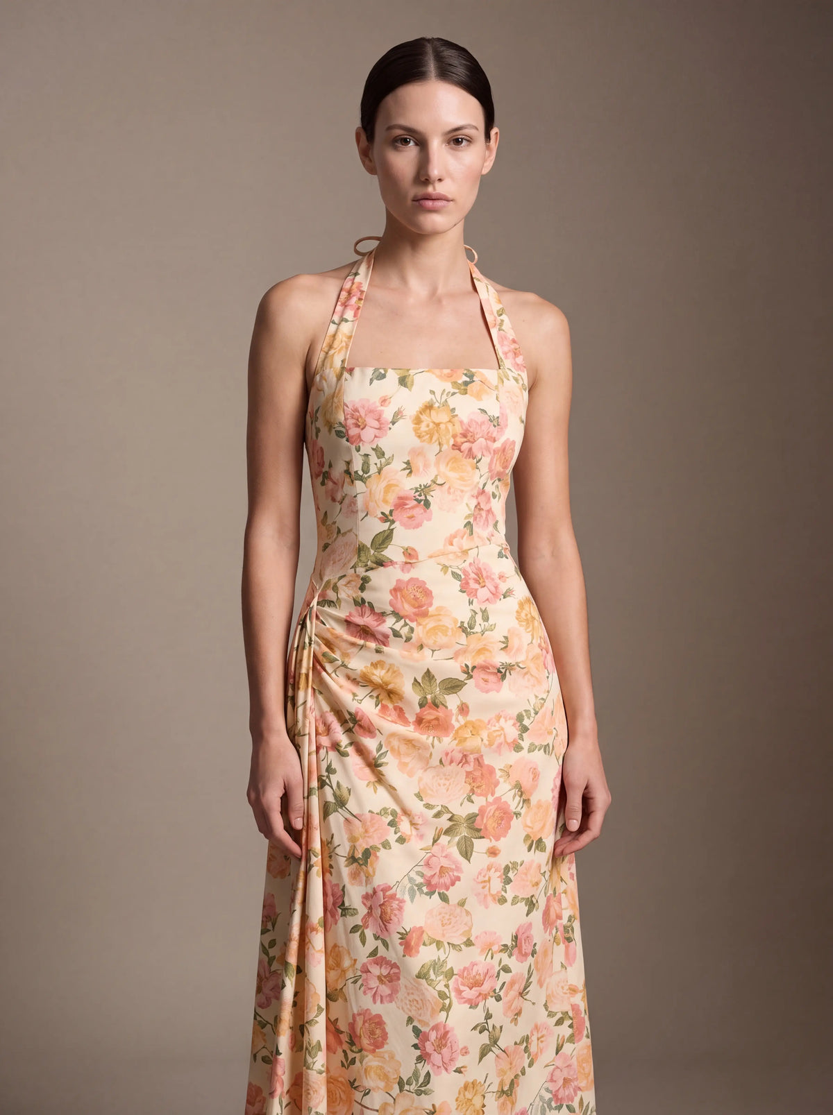 Jolanda Square Neck Halter Midi Dress - Peach Floral