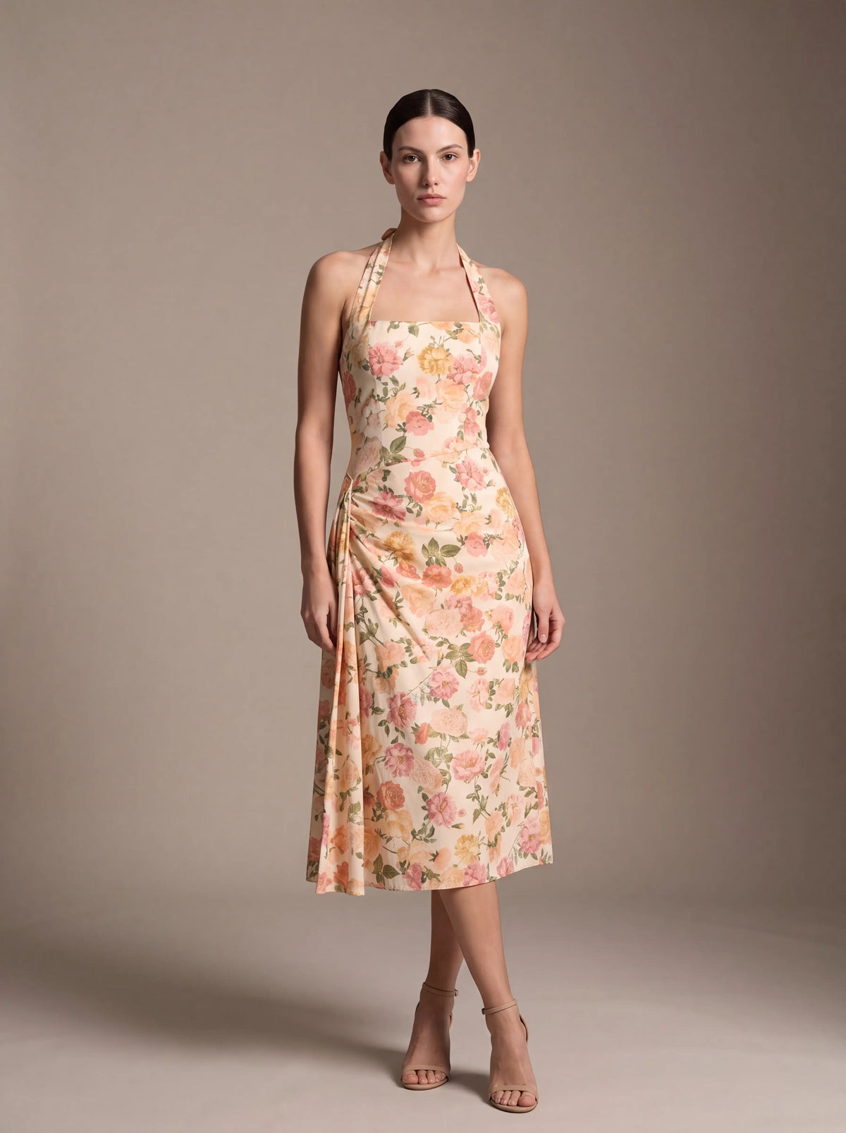 Jolanda Square Neck Halter Midi Dress - Peach Floral