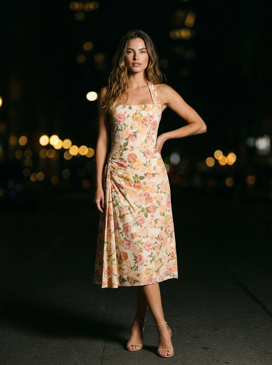 Jolanda Square Neck Halter Midi Dress - Peach Floral
