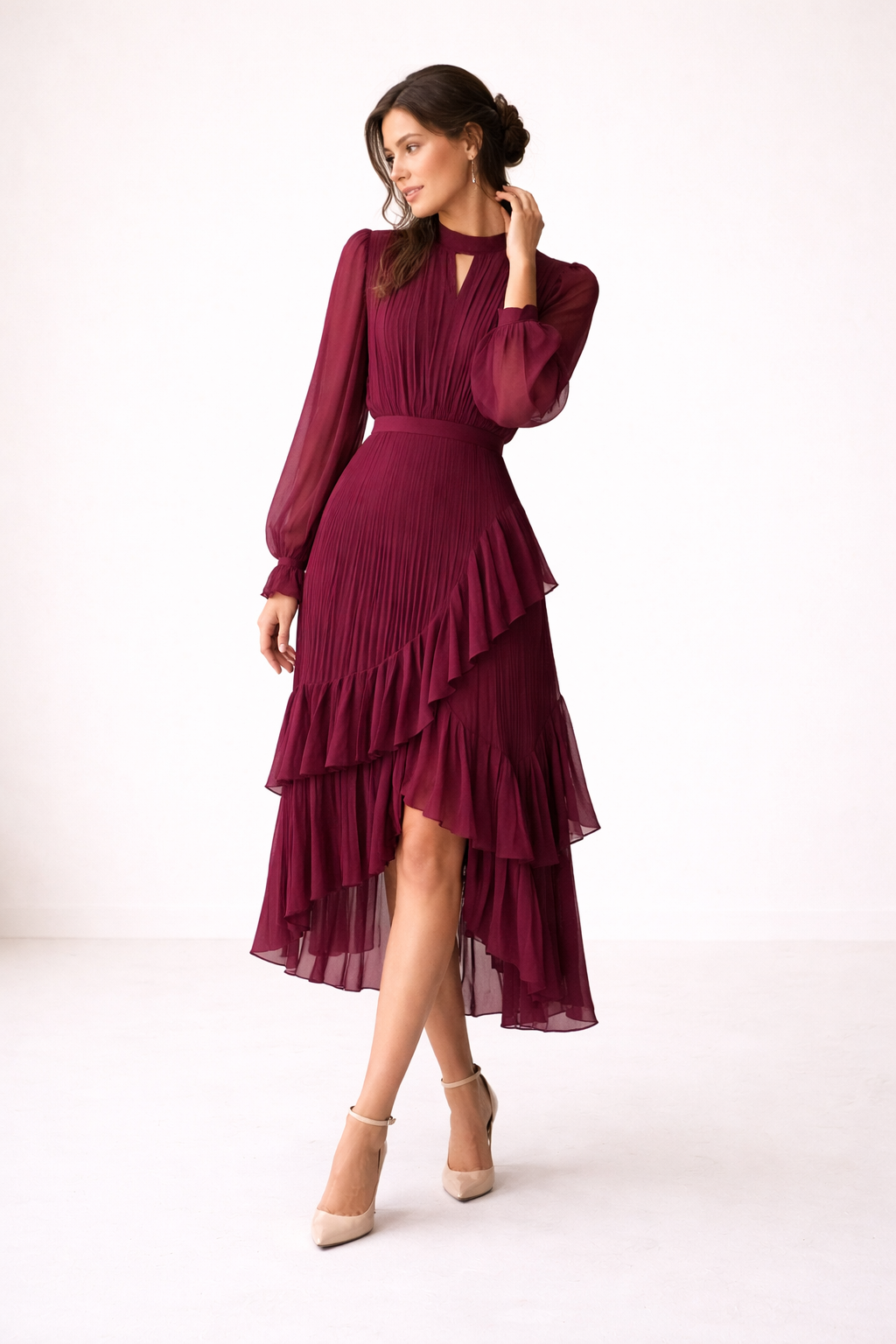 Josefa Pleated Ruffle Midi Dress - Burgundy