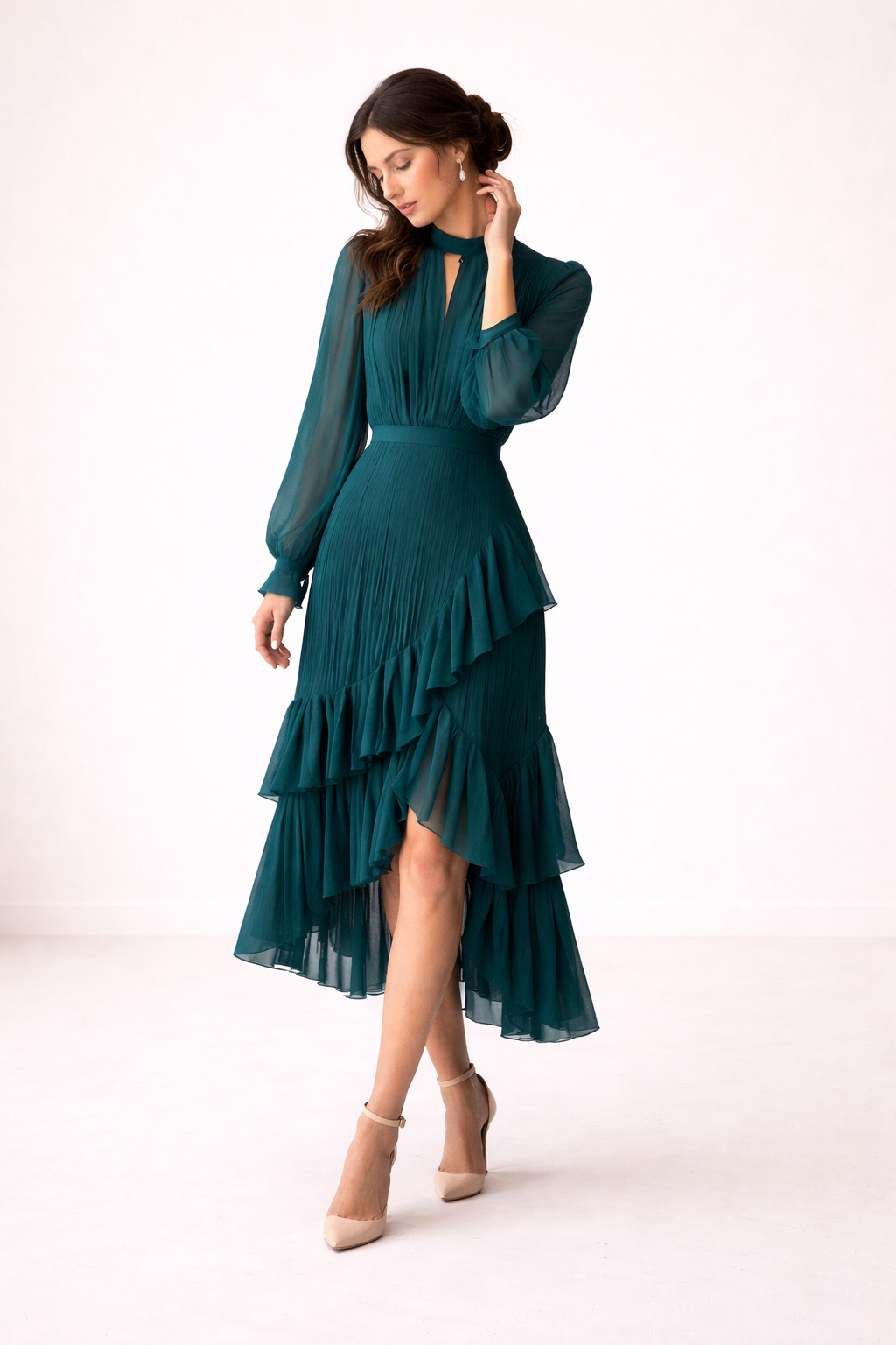 Josefa Pleated Ruffle Midi Dress - Dark Teal