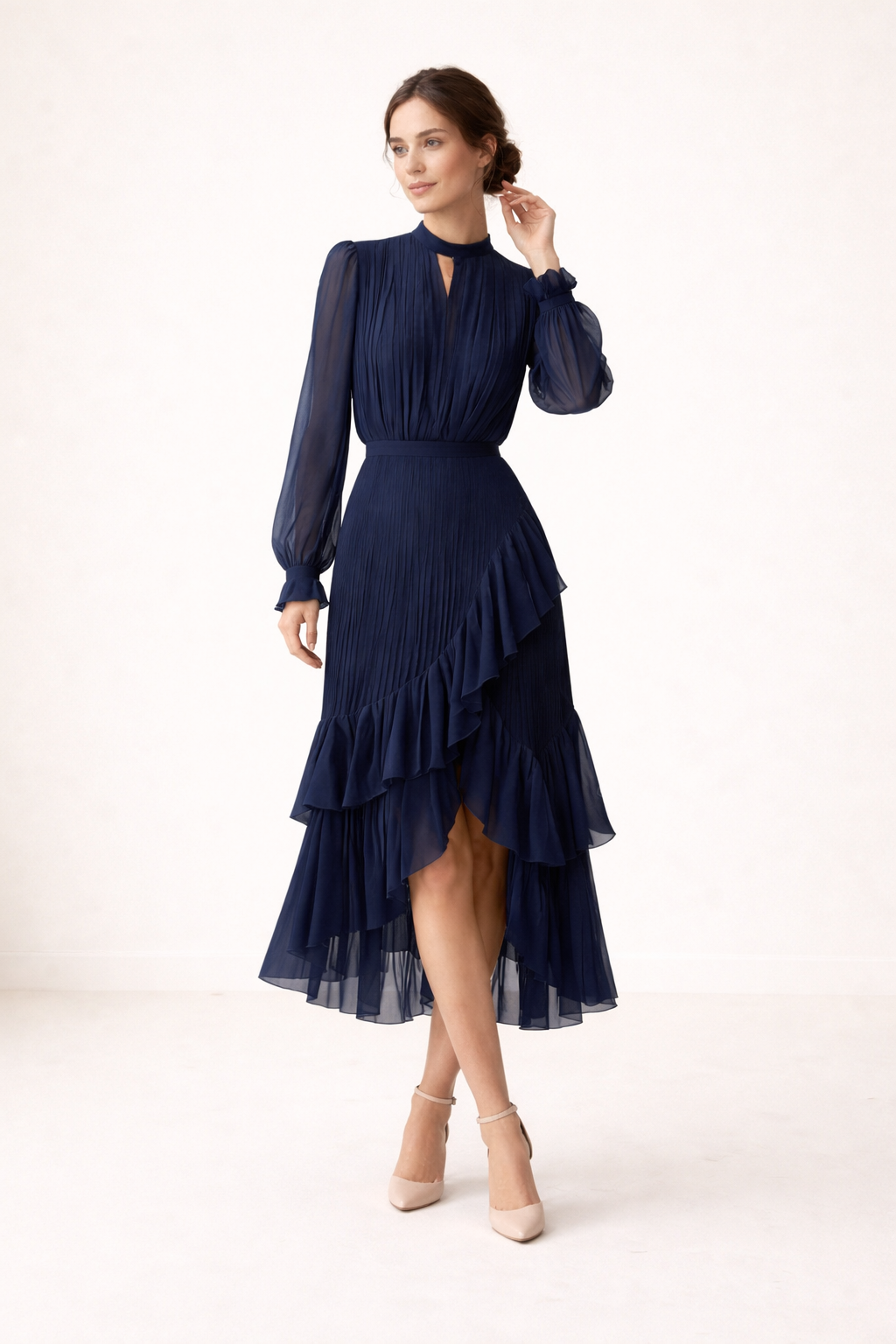 Josefa Pleated Ruffle Midi Dress - Navy