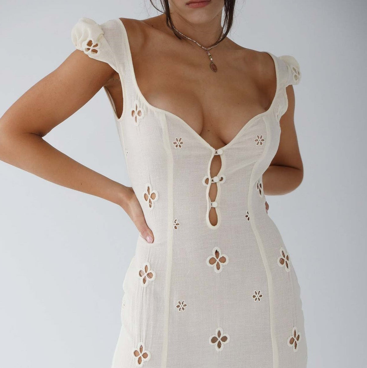 Josette Eyelet Cap Sleeve Midi Dress - Ivory