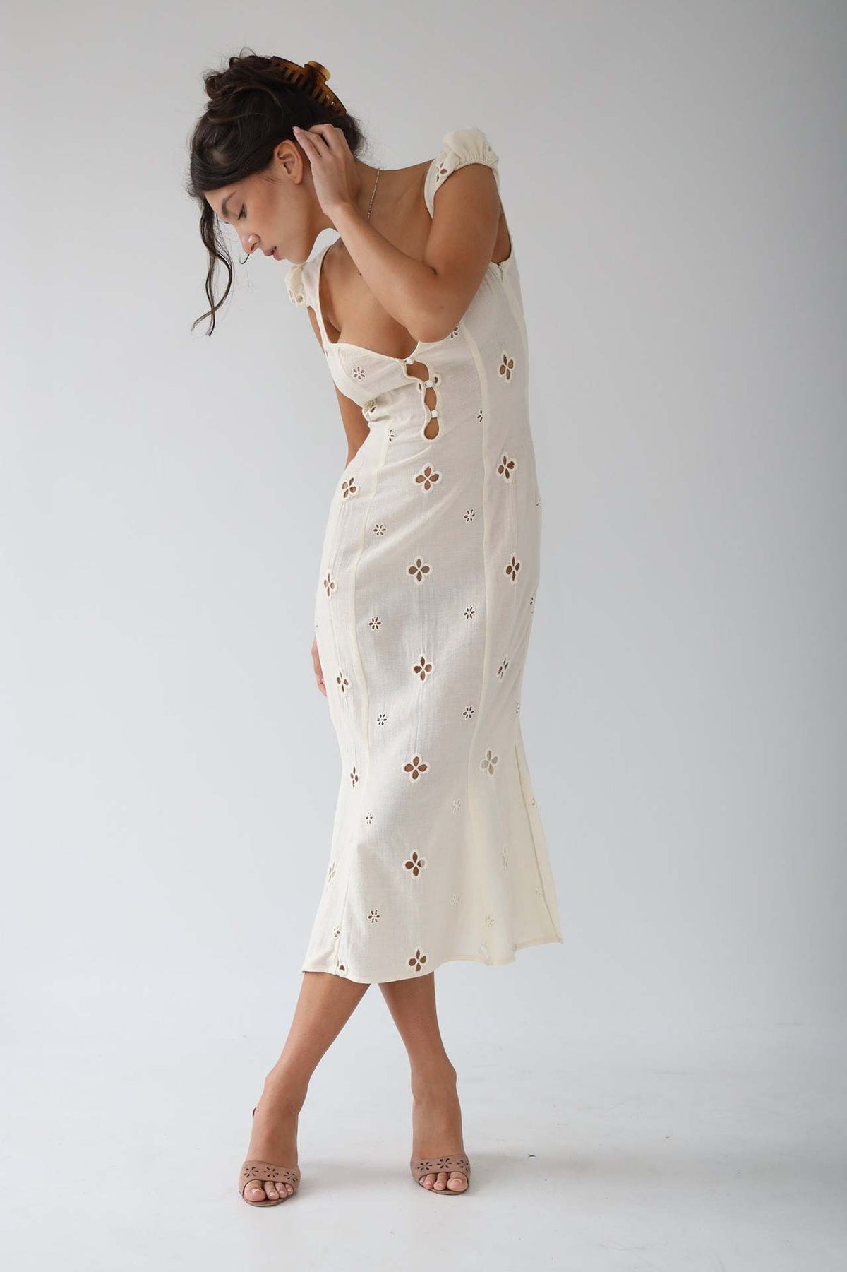 Josette Eyelet Cap Sleeve Midi Dress - Ivory