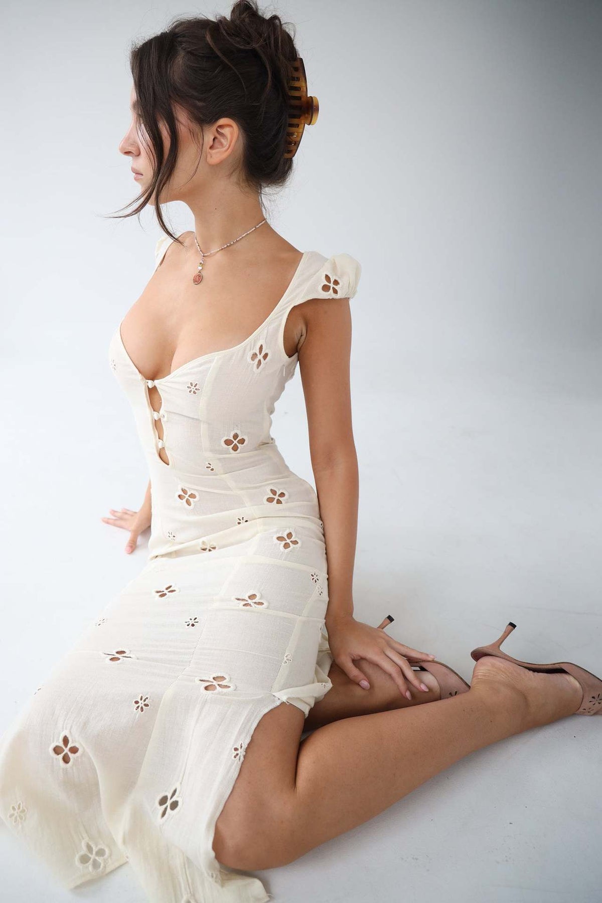 Josette Eyelet Cap Sleeve Midi Dress - Ivory