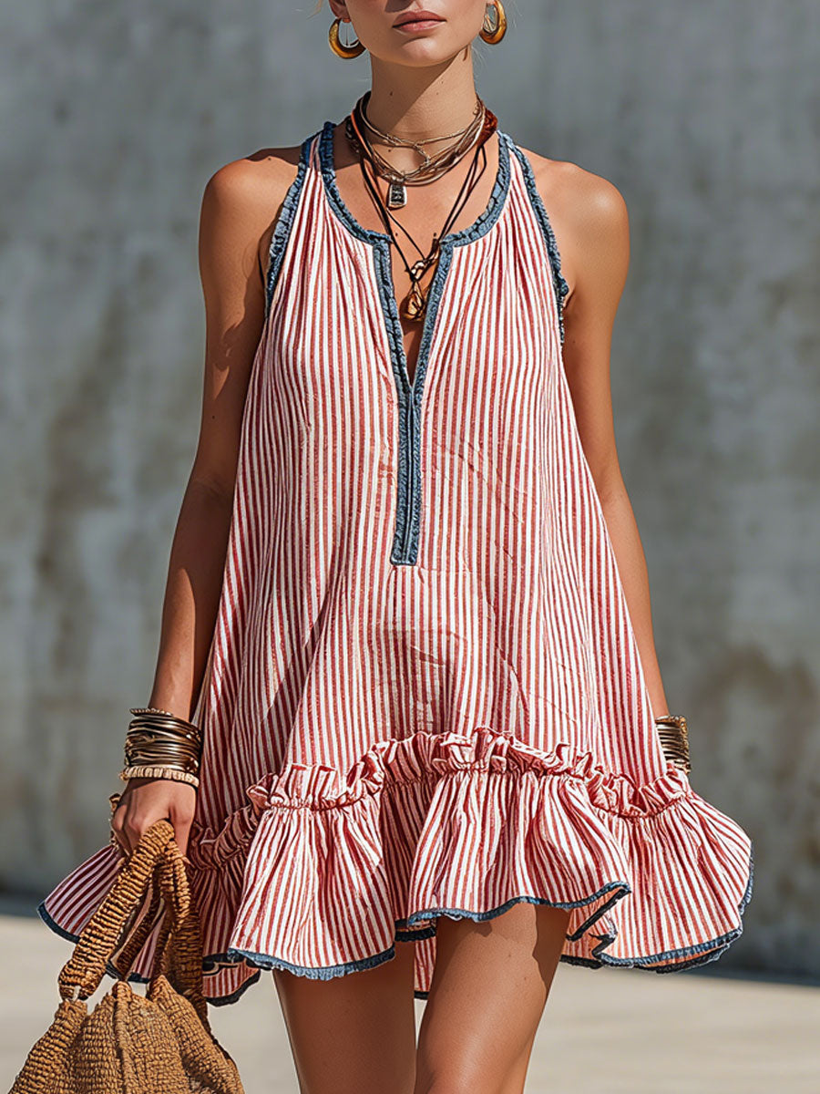 Kaela Striped Frill Mini Dress - Red and White Stripe