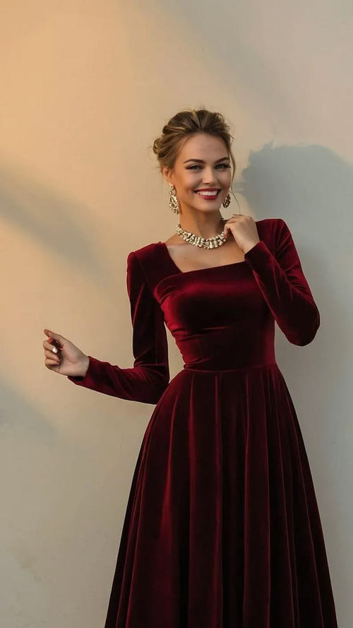 Kallie Velvet Square Neck Maxi Dress - Burgundy