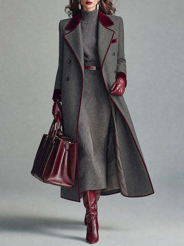 Kamila Herringbone Velvet Trim Coat
