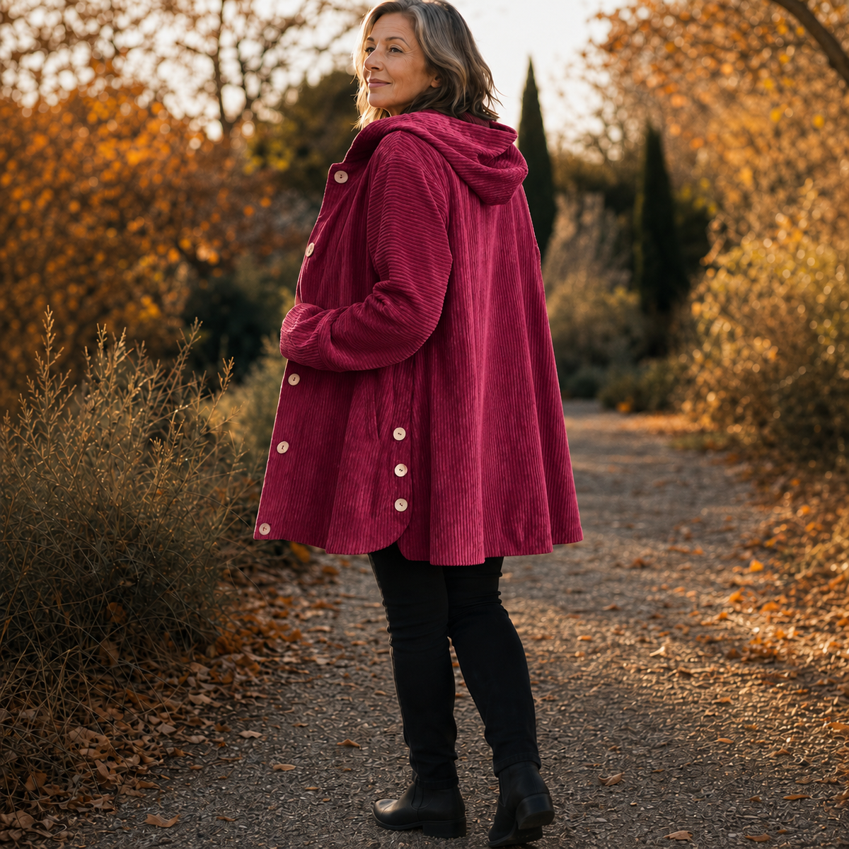 Kamryn Ribbed Corduroy Hooded Overshirt - Bordeaux