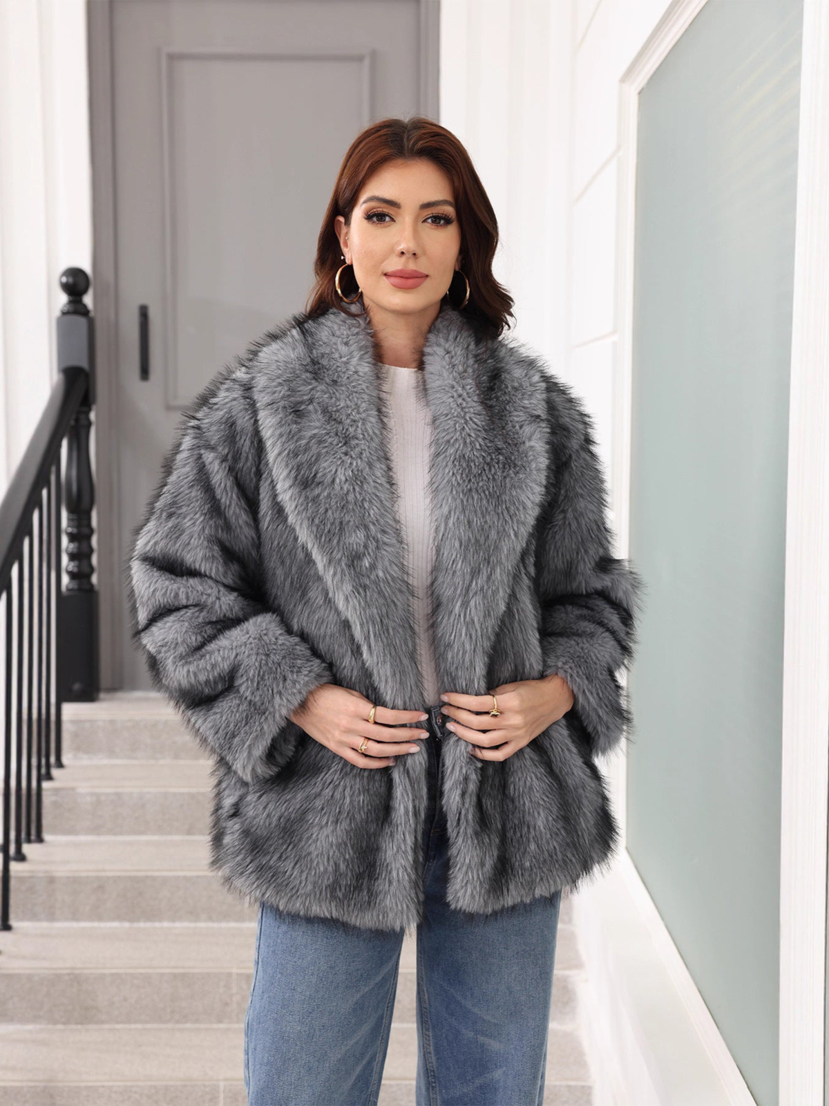 Karis Shawl Collar Faux Fur Jacket - Gray