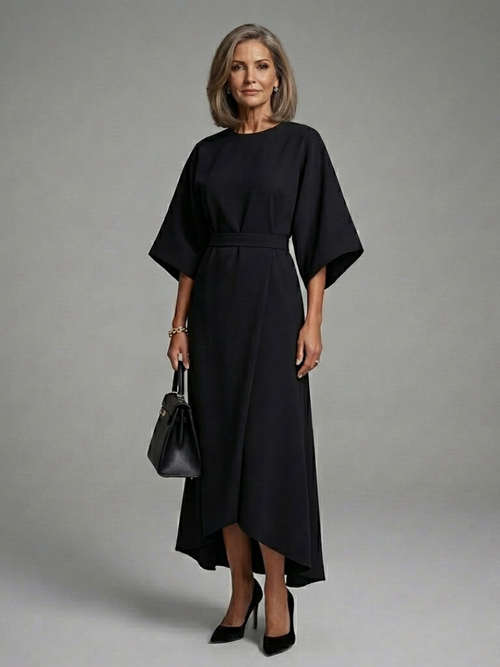 Karolina Belted Asymmetric Hem Midi Dress - Black