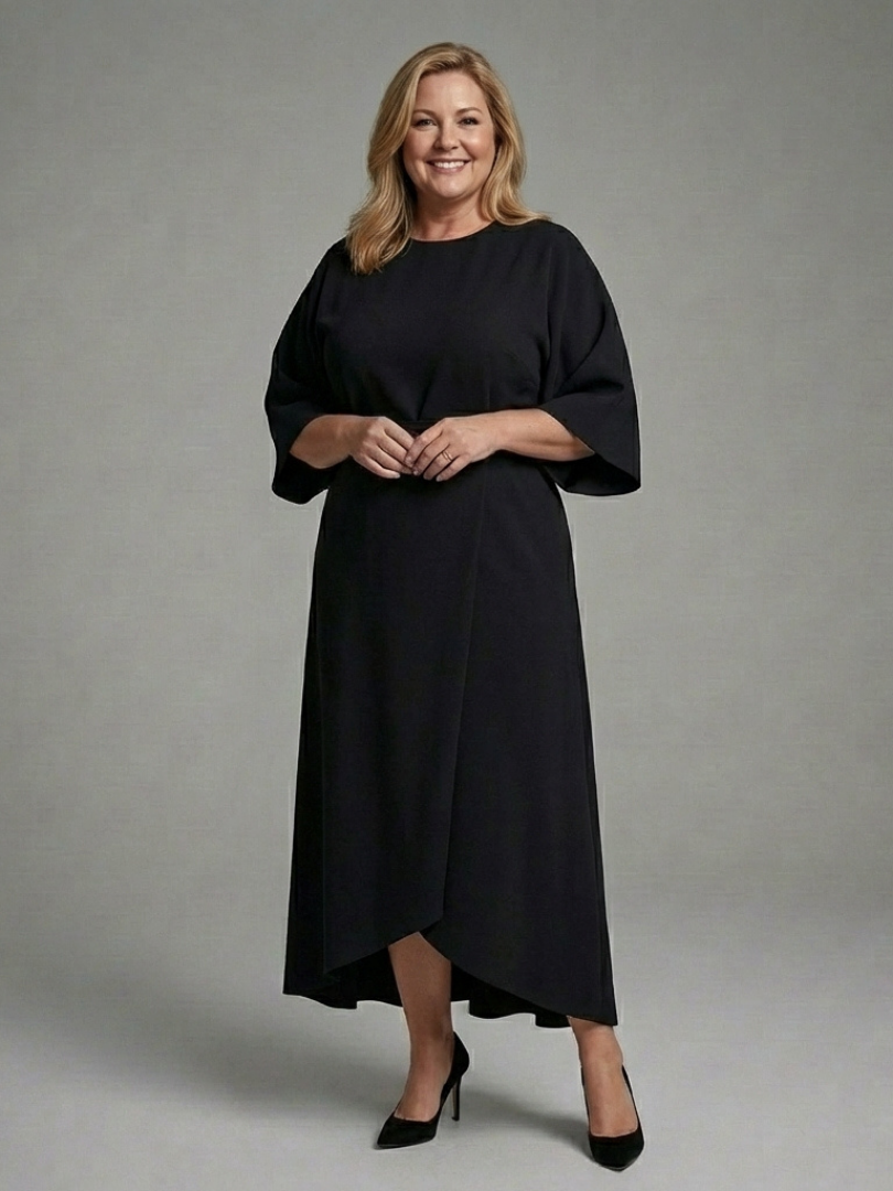 Karolina Belted Asymmetric Hem Midi Dress - Black