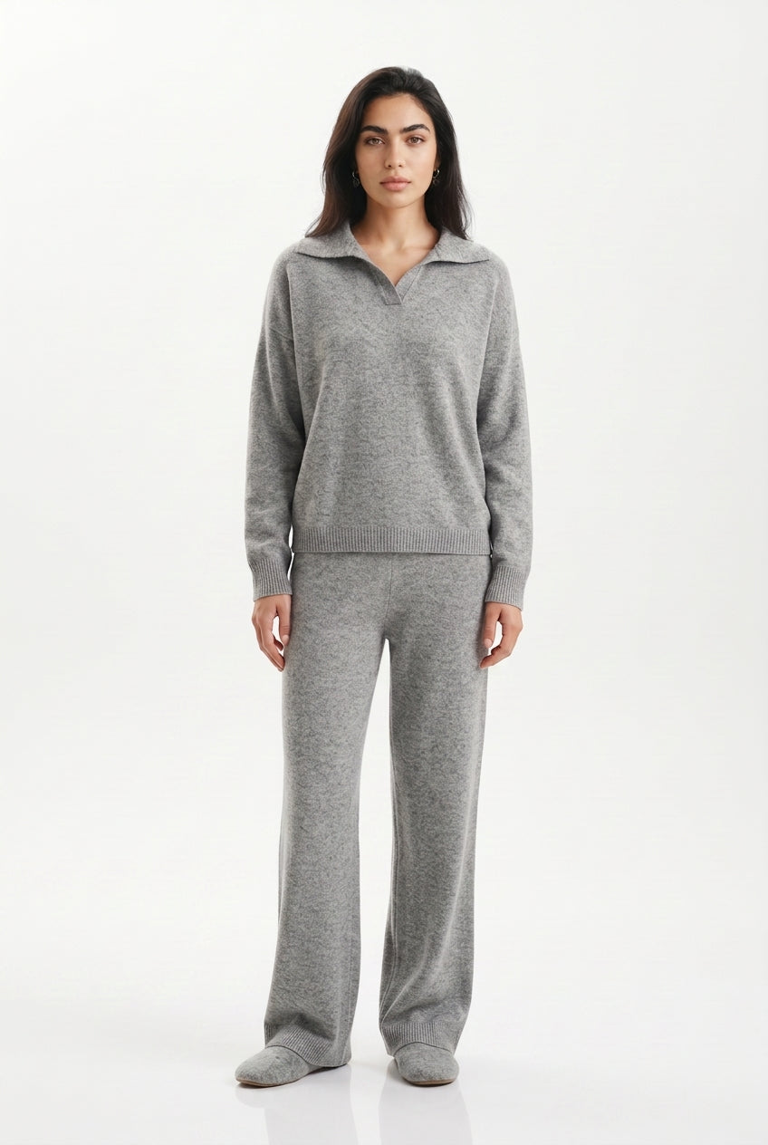Kassian Polo Collar Wide Leg Trouser Set - Gray