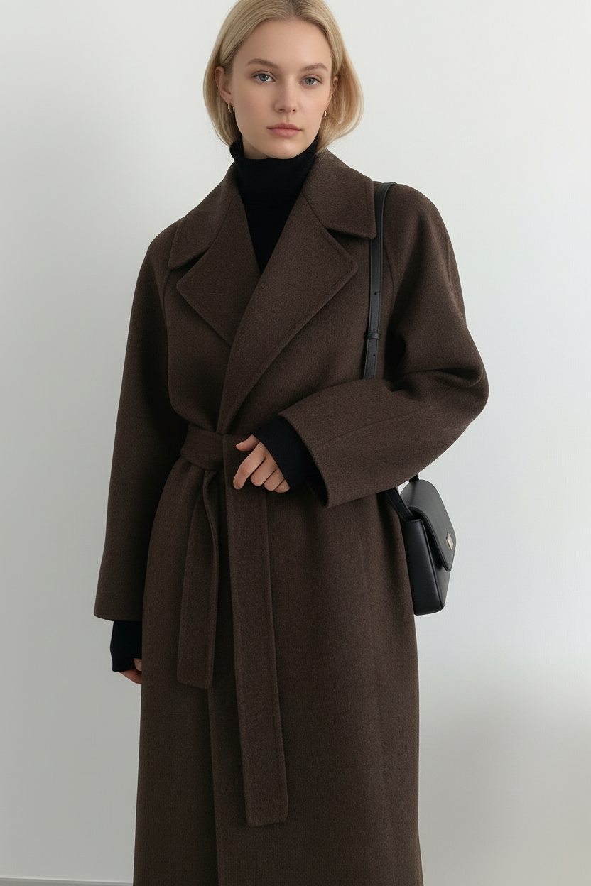 Katell Belted Longline Coat - Chocolate Brown