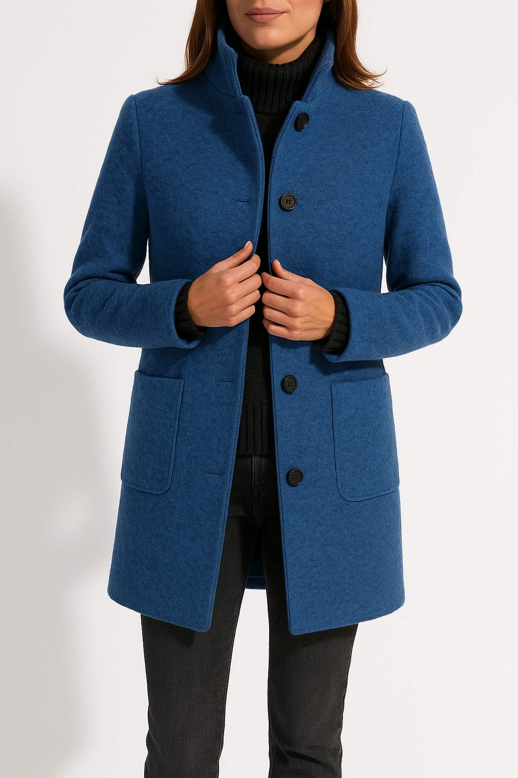 Kaylani Stand Collar Wool Blend Coat - Dark Blue
