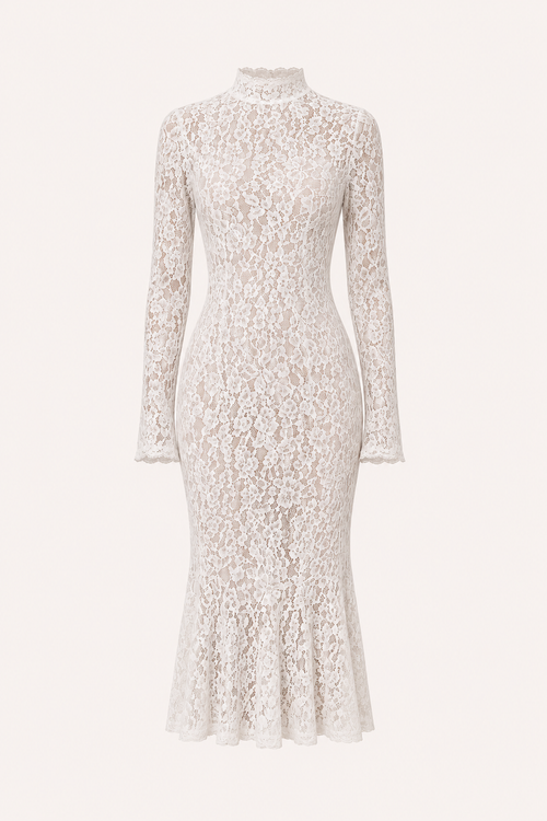 Keely Lace High Neck Midi Dress - White
